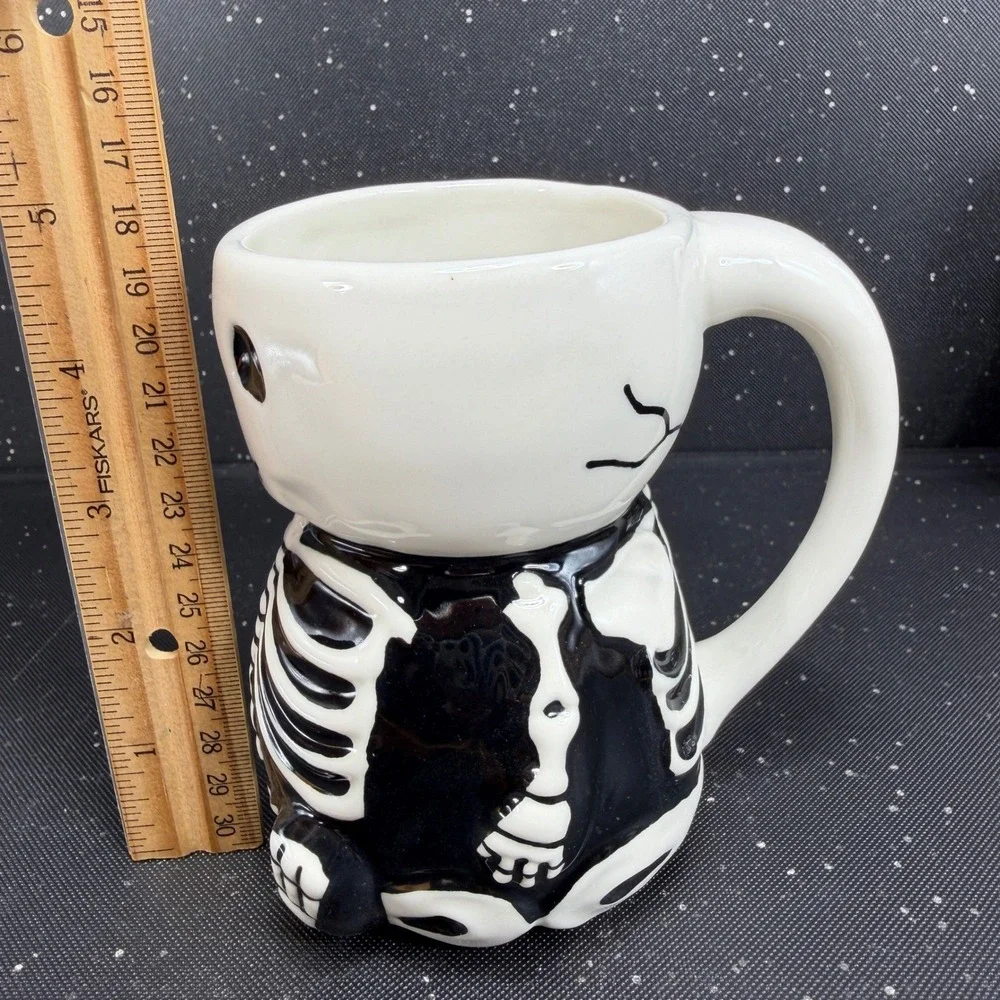 Pottery Barn Skeleton Mugs Set of 2 Black White Ceramic Halloween Coffee Cups